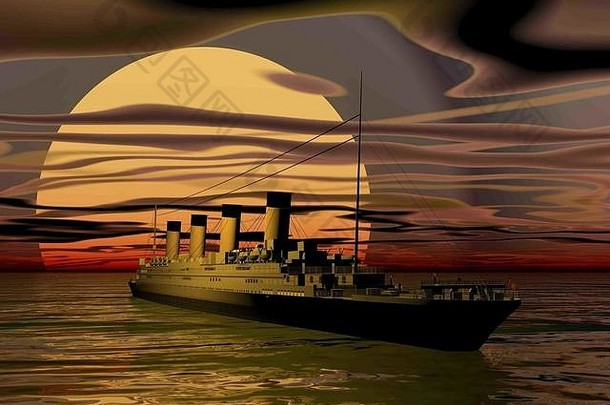 著名的《泰坦尼克号》船浮动水太棒了多云的日落渲染