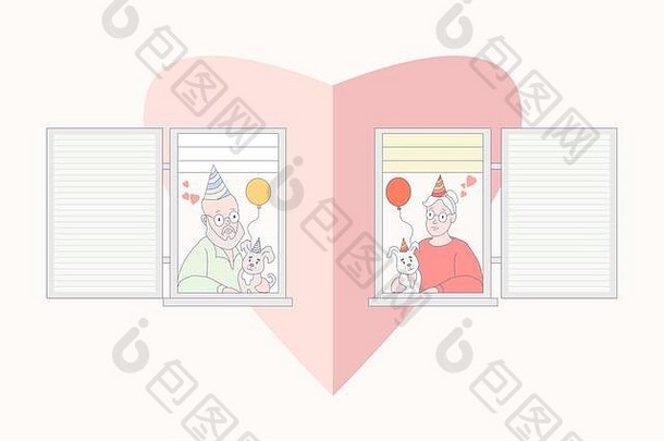 上了年纪的夫妇首页外观房子开放窗户爱假期男人。女人可爱的狗
