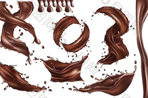 现实的飞溅巧克力扭曲的黑暗巧克力下降白色背景集插图