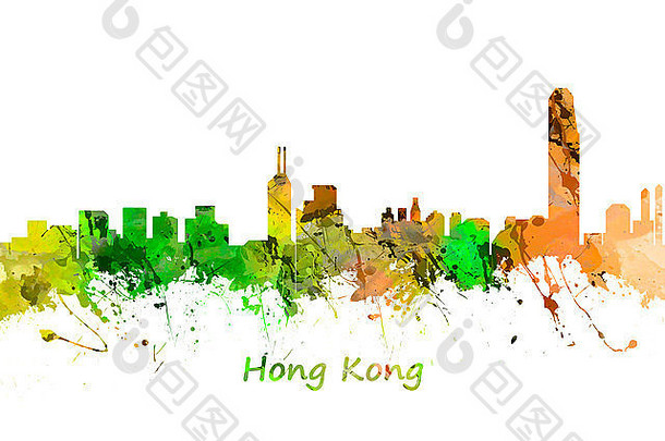 水彩艺术打印天际线在香港香港