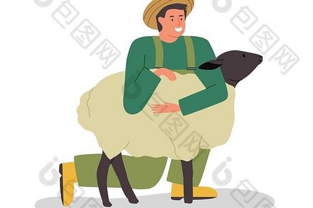 快乐农民男人。拥抱可爱的羊孤立的白色背景残忍免费的动物护理概念农村行业