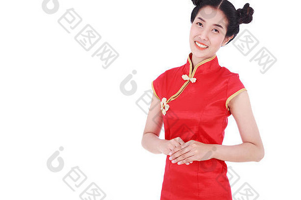 美丽的女人穿红色的旗袍概念快乐中国人一年
