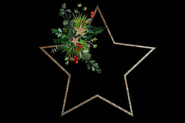 最小的圣诞节花环水彩分支机构金闪闪发光的明星黑色的背景