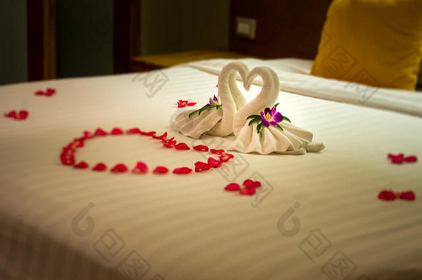 白色毛巾天鹅花红色的玫瑰花瓣形状的大心双床上度蜜月装饰