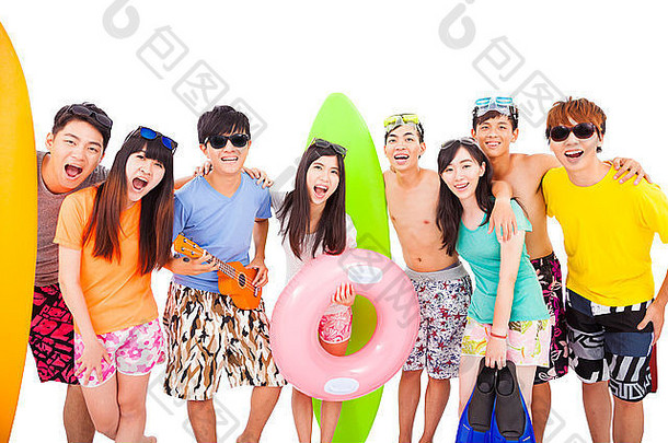 夏天海滩假期快乐年轻的集团概念