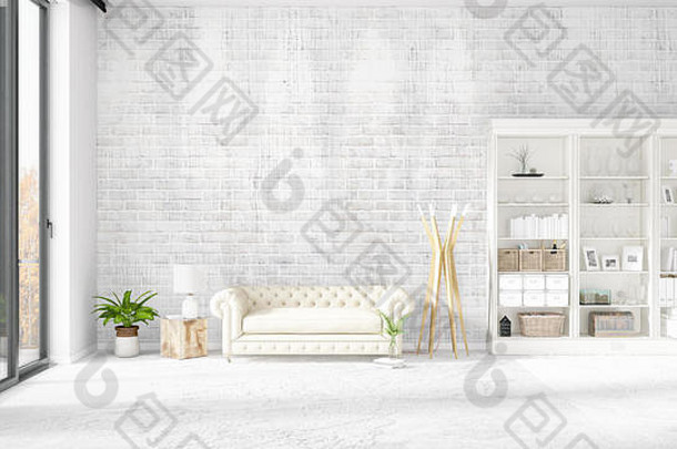现代阁楼室内时尚白色沙发上Copyspace水平安排呈现