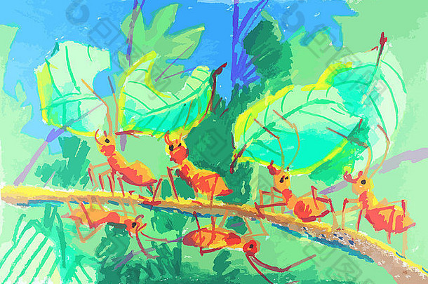 色彩斑斓的蚂蚁工作绘画背景