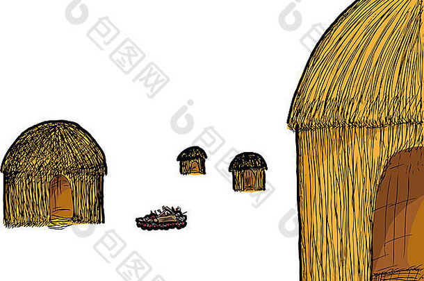 插图传统的稻草小屋火坑