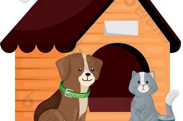 可爱的狗猫木房子孤立的图标