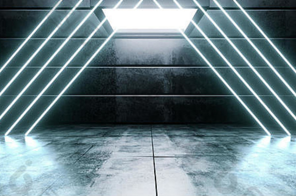 虚拟黑暗空宇宙飞船外星人光滑的反光混凝土霓虹灯发光的荧光蓝色的充满活力的三角形行形状的灯网络现实sci