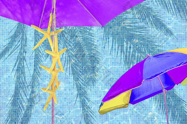 紫色的阳伞黄色的海星蓝色的夏天情绪空间背景