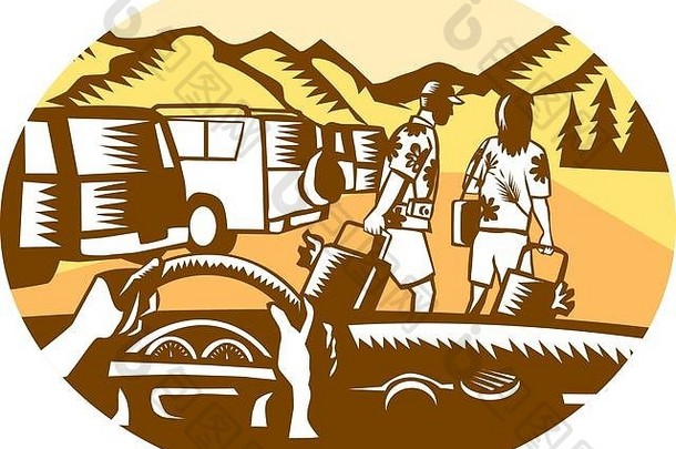 插图显示手操舵轮车挡风玻璃男人。女人穿夏威夷衬衫拉手提箱帕金