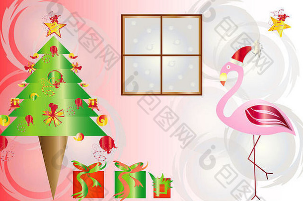 圣诞节<strong>火烈鸟</strong>插图圣诞节树礼物盒子节日主题卡