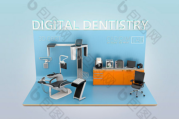 数字牙科概念扫描病人面部数据牙科发送椅子一边实验室打印