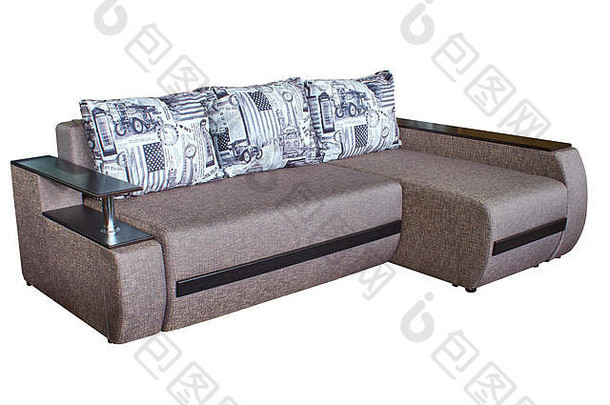 现代大舒适的沙发角落里木覆盖奥特克里夫尼米扶手白色背景