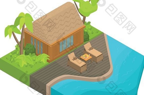 热带岛房子图标等角风格