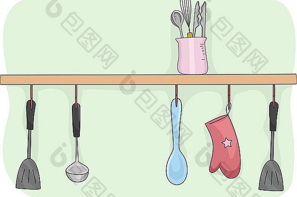 插图厨房架子上填满烹饪工具