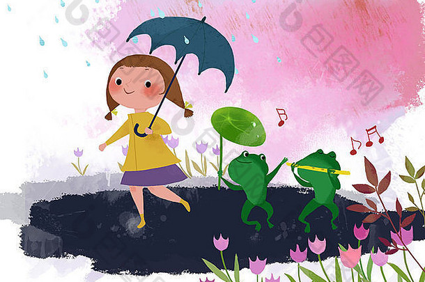 女孩持有伞走froggies多雨的一天
