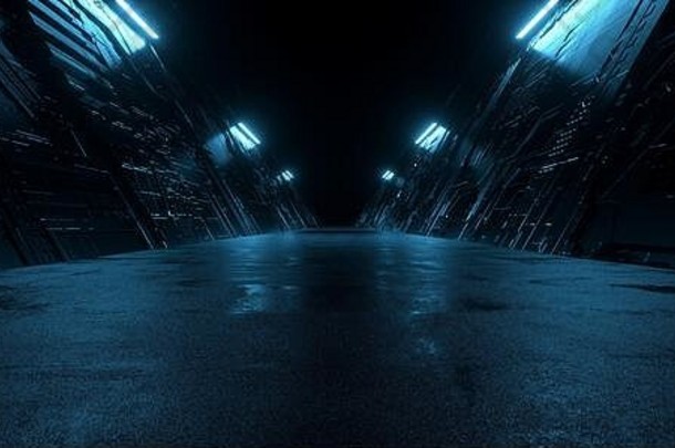 霓虹灯蓝色的黑暗金属示意图变形外星人宇宙飞船仓库隧道走廊走廊三角形形状的空粗糙的水泥混凝土沥青背气