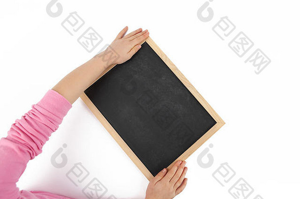 孩子手触碰空黑板上孤立的白色前视图复制空间