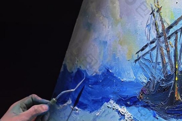 艺术家抄写员油漆海景船海洋工匠装饰画船帆蓝色的海丙烯酸石油颜色