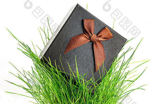 礼物盒子弓绿色草白色