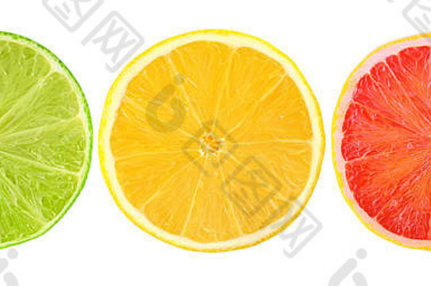 孤立的柑橘类片新鲜的柑橘类水果减少一半葡萄柚石灰柠檬孤立的白色背景剪裁路径包设计