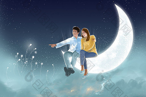 说明图像夫妇坐着一半月亮晚上天空
