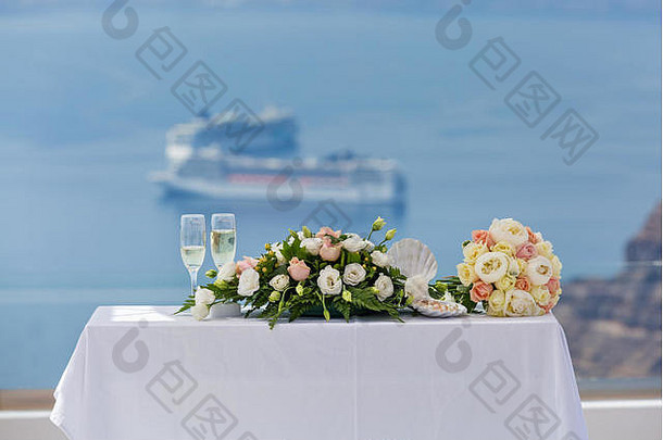 婚礼装饰<strong>花</strong>背景海希腊圣托里尼岛