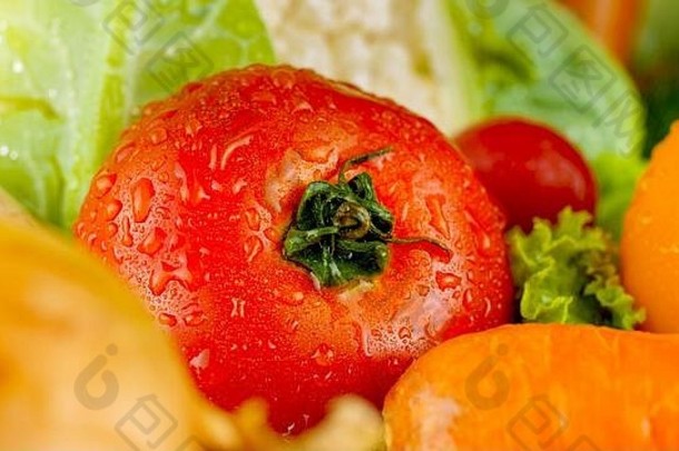 宏照片水滴新鲜的洗红色的番茄背景健康的食物转基因生物免费的产品饮食营养新鲜的蔬菜素食主义者
