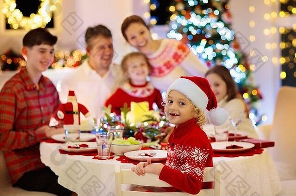 家庭孩子们吃火鸡圣诞节晚餐壁炉装饰圣诞节树父母爷爷奶奶孩子们节日餐冬天去把握