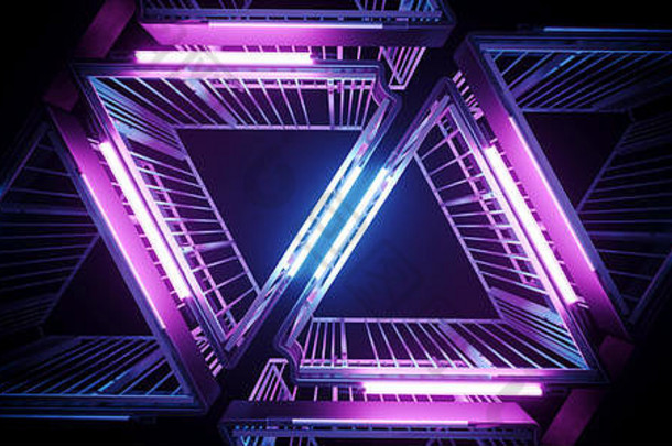 sci未来主义的优雅的外星人现代科技霓虹灯发光的紫色的粉红色的<strong>蓝色</strong>的三角形金属结构走廊<strong>隧道</strong>难看的东西混凝土墙空回来