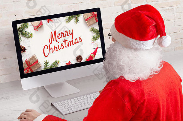 圣诞老人设计圣诞节卡片电脑快乐圣诞节问候卡概念电脑显示