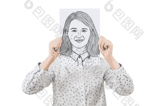 插图年轻的女商人覆盖脸白色纸草图微笑表达式面具隐藏真正的情感