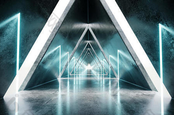 未来主义的现代科幻宇宙飞船混凝土长走廊白色带孔发光的霓虹灯蓝色的管反射呈现树脂