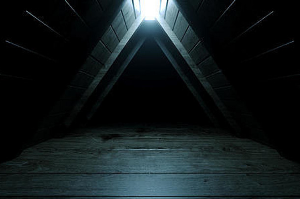 令人毛骨悚然的晚上黑暗蓝色的领导光三角形屋顶隧道走廊阁楼领导光充满活力的木木板纹理现实的背景呈现插图