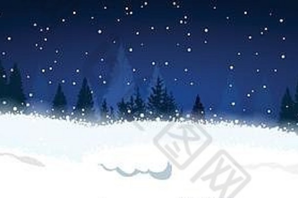 圣诞节冬天森林景观水平横幅冷杉树月亮星星天空背景