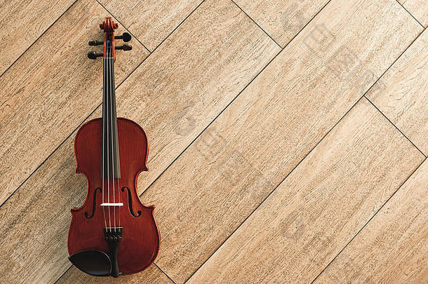 经典音乐的仪器前视图棕色（的）小提琴说谎光木地板上音乐的仪器音乐设备音乐背景