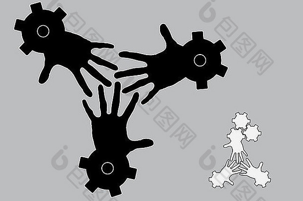 标志概念上的插图手指交织在一起齿轮齿轮概念团队合作劳动团结