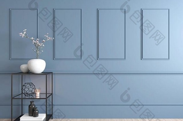 清洁优雅的苍白的蓝色的墙室内装饰复制空间渲染