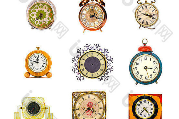 各种各样的古董时钟集团孤立的白色