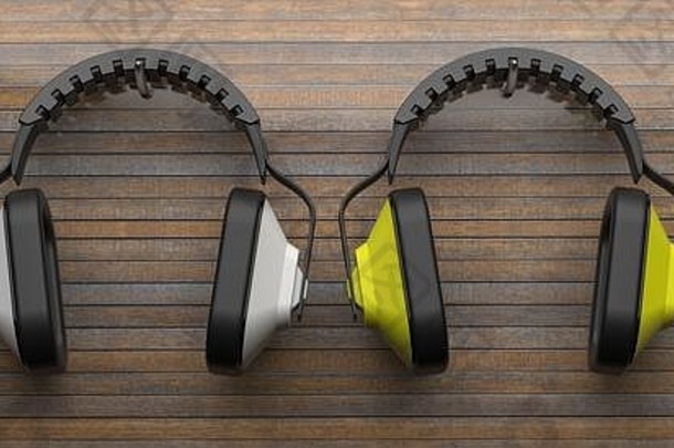 耳朵听力保护工业工作安全齿轮耳朵保护耳机木背景个人健康安全设备概念