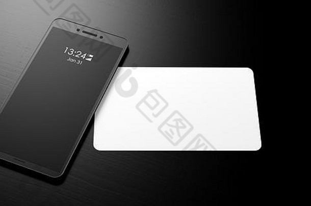 智能手机空白黑色的屏幕白色纸黑色的木背景横幅复制空间插图