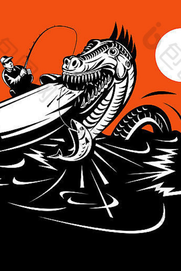 插图渔夫钓鱼船捕捉鳟鱼鱼海蛇洞洛克怪物攻击复古的风格