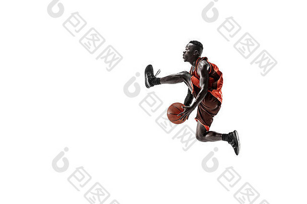完整的长度肖像<strong>篮球</strong>球员球孤立的白色工作室背景广告概念适合非洲阿尼利坎运动员跳球运动活动运动概念