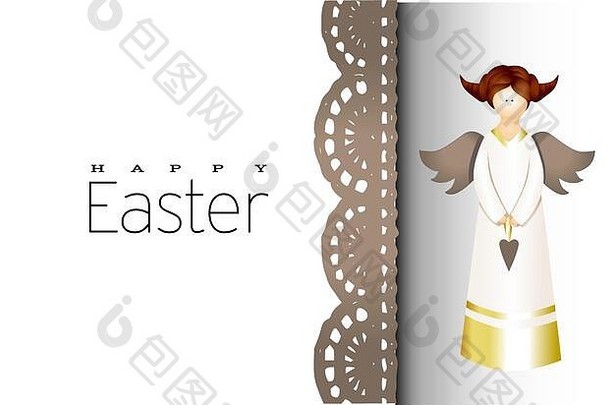 快乐复活节背景金数字天使装饰金属渲染天使复活节假期问候卡横幅假期