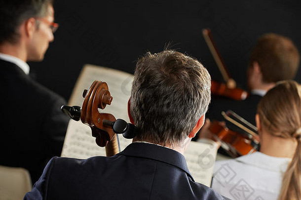 交响乐团大提琴家前景玩音乐会