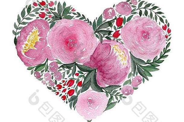 水彩爱心母亲的一天情人节一天象征花束粉红色的玫瑰牡丹心形状手画花心