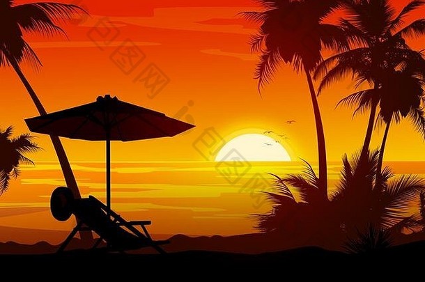 轮廓热带夏天棕榈树海滩背景日落太阳神奇的自然概念平风格艺术设计光栅
