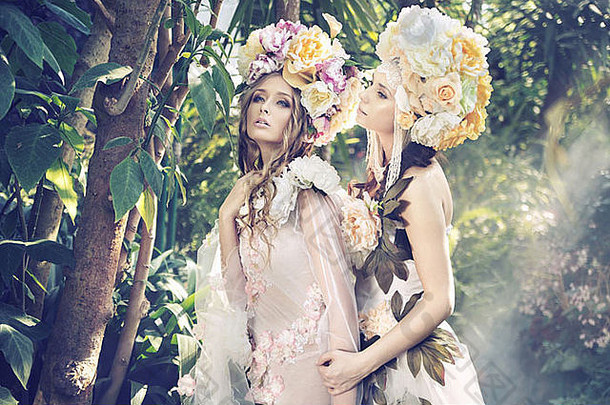 年轻的森林仙女穿花俏的帽子